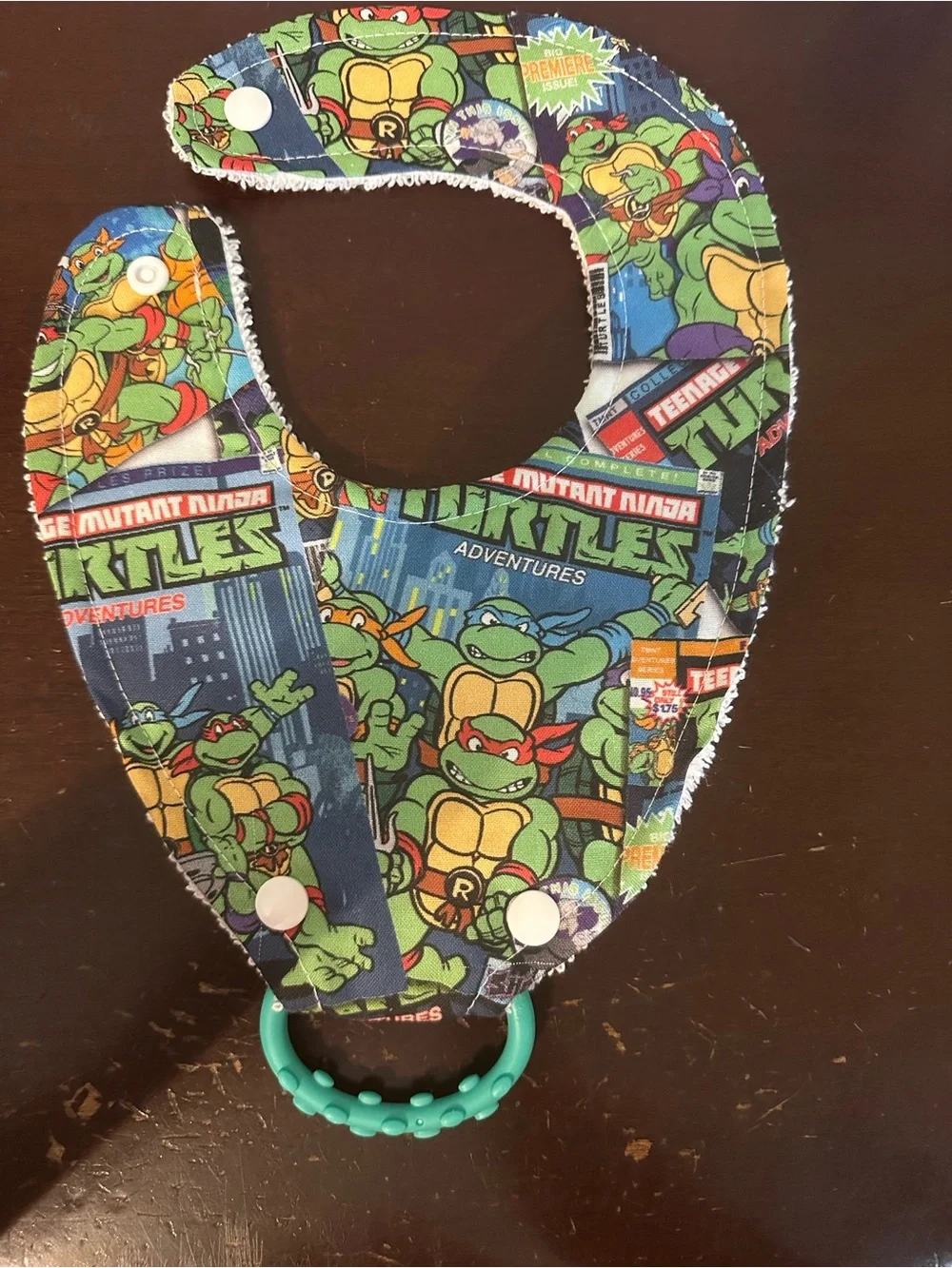 Handmade Ninja Turtles bib with ring